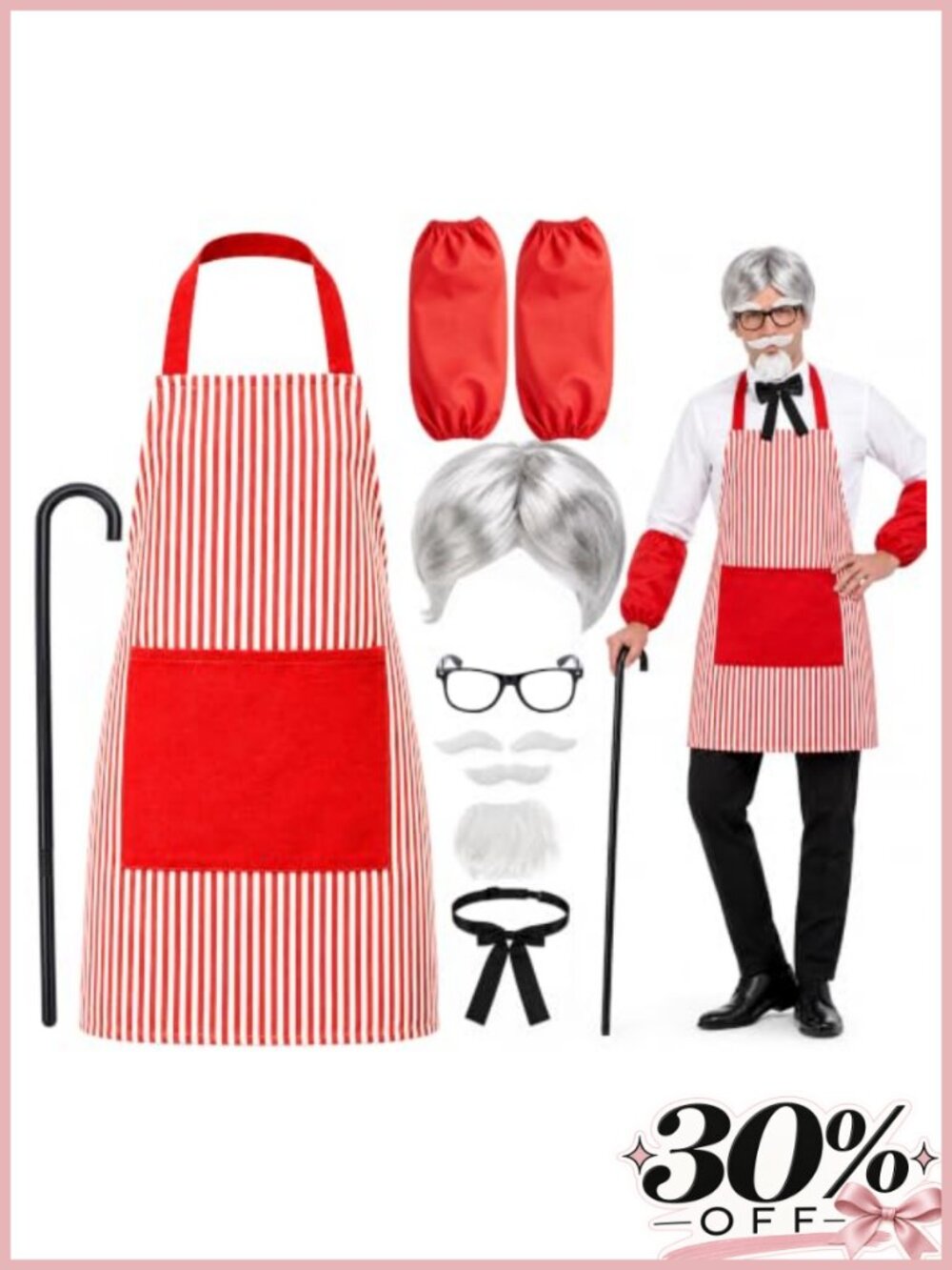 Fast Food Chef Costume Kit Mens Striped Halloween Apron Wig Beard